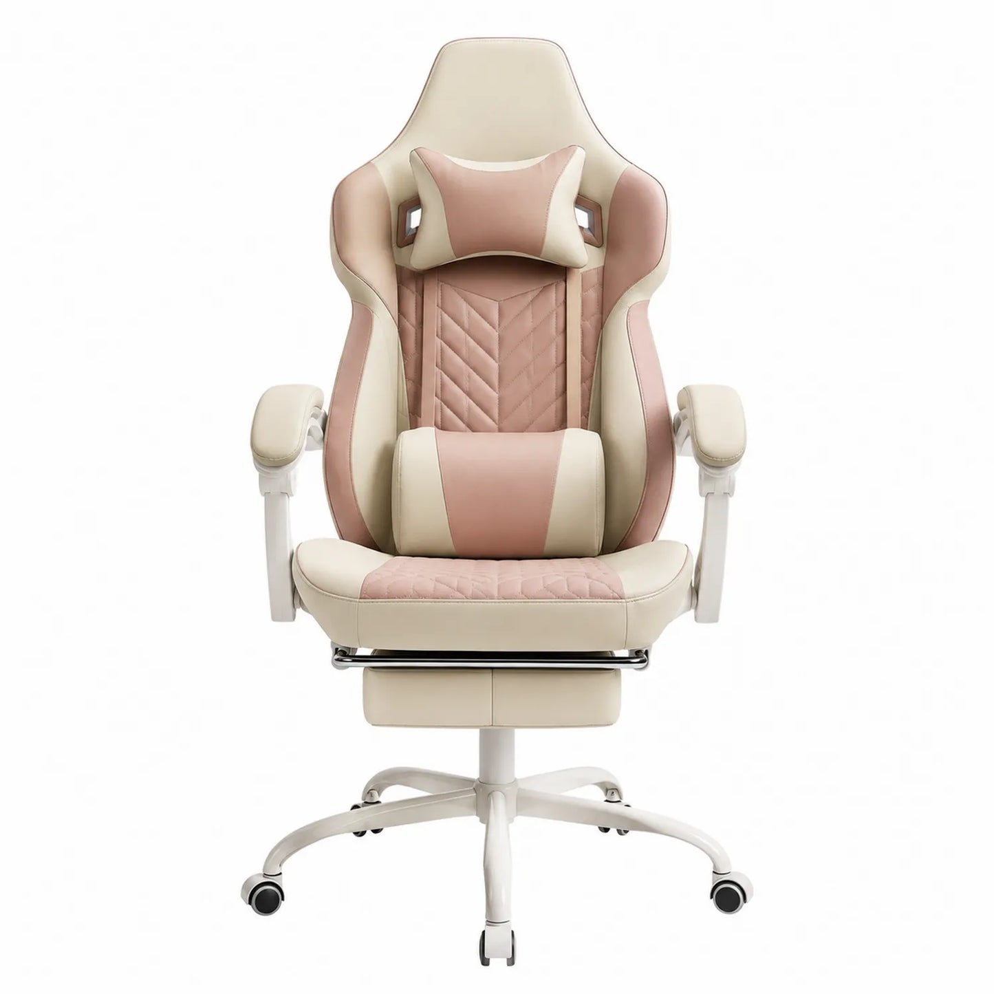 Silla de Oficina Ergonómica de Cuero Sintético Beige y Rosa con Reposapiés