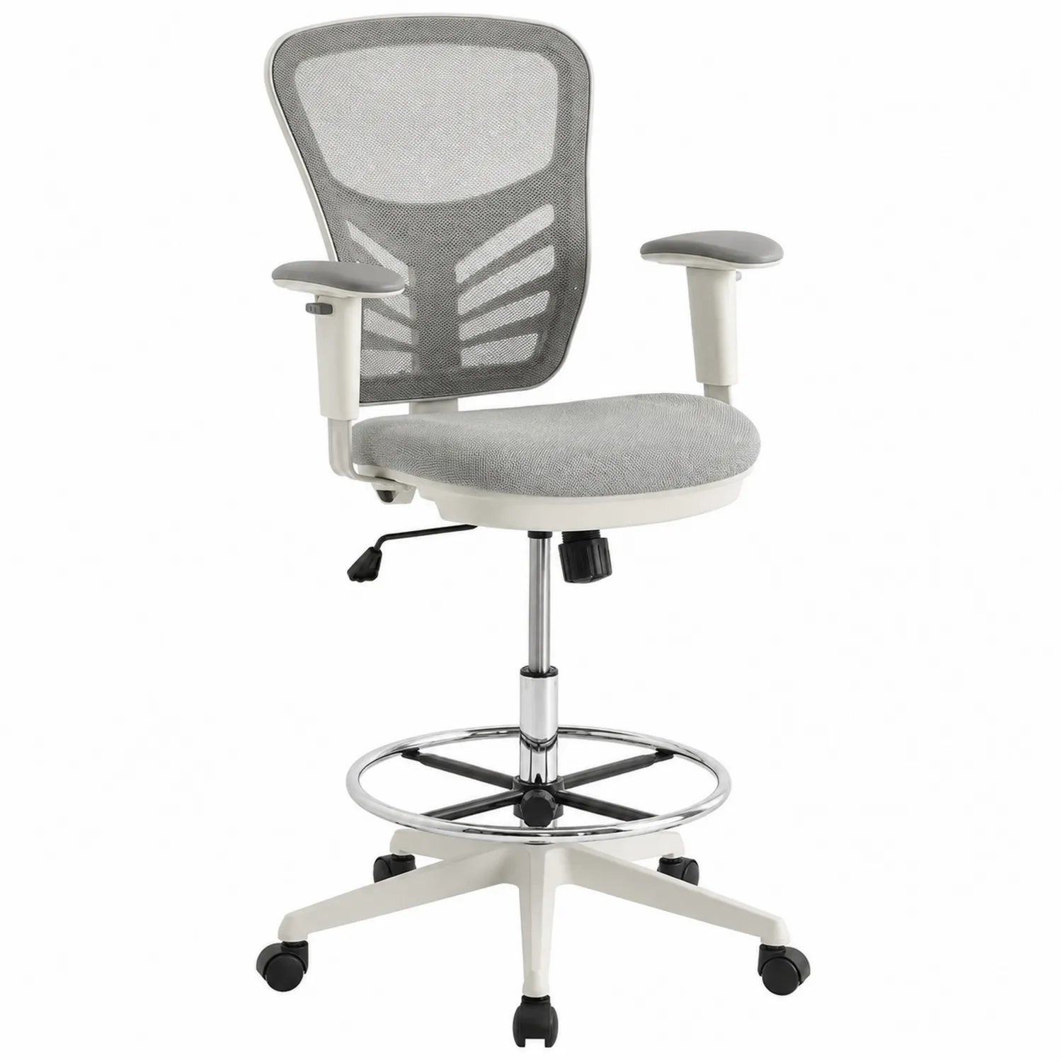Silla de oficina con respaldo de malla gris y asiento ajustable
