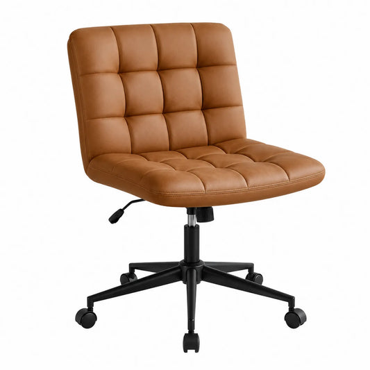 Silla de oficina giratoria de piel sintética marrón con altura ajustable y base de metal