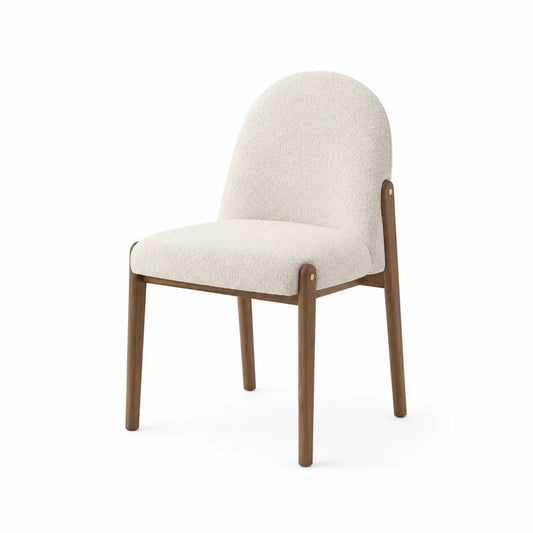 Silla de comedor de tela bouclé con estructura de madera de nogal
