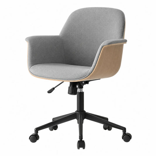 Silla de oficina de madera y metal con tapizado en gris