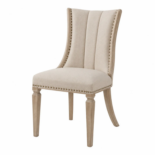 Silla de comedor de madera y poliéster beige con tachuelas