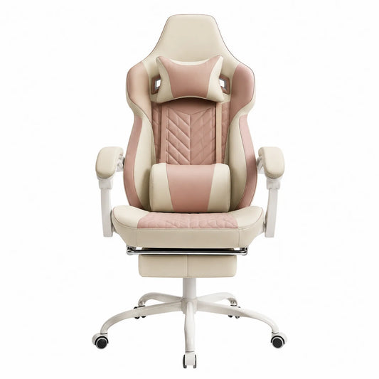 Silla de Oficina Ergonómica de Cuero Sintético Beige y Rosa con Reposapiés
